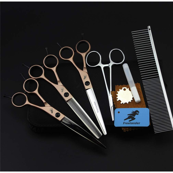 Набір професійних ножиць для грумінгу домашніх тварин (3 шт.) з нержавіючої сталі. Прямі, фінішні та зігнуті ножиці для тіла, обличчя, морди та лап.
