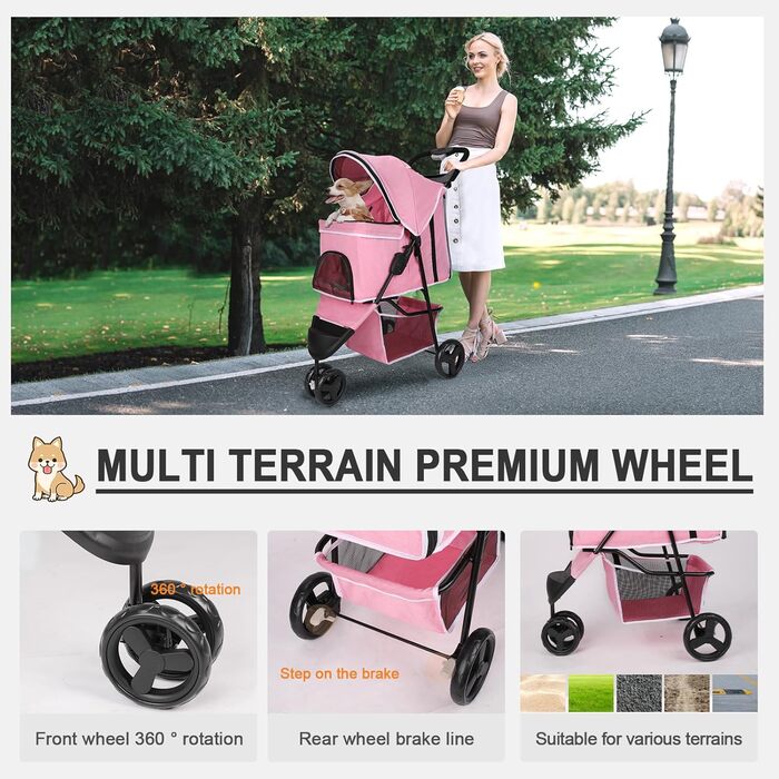 Дитяча візок для тварин, складний, для котів/собак, з кошиком для зберігання та тримачем для напоїв, 3 колеса, для собак та котів, для маленьких або середніх собак, котів, цуценят (Рожевий)