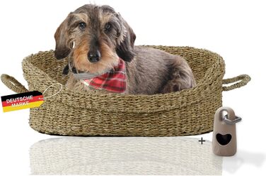 Корзина для собак Rohrschneider з ручками для маленьких та середніх собак | Ручна плетіння з морської трави, посилений високий борт | Знімний, пральний чохол | Розмір 1 (51 x 43 см)