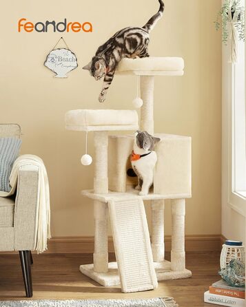 Дряпка для котів Feandrea, 115 см, кремово-білий колір, з дряпальною дошкою (50 x 35 x 115 см)