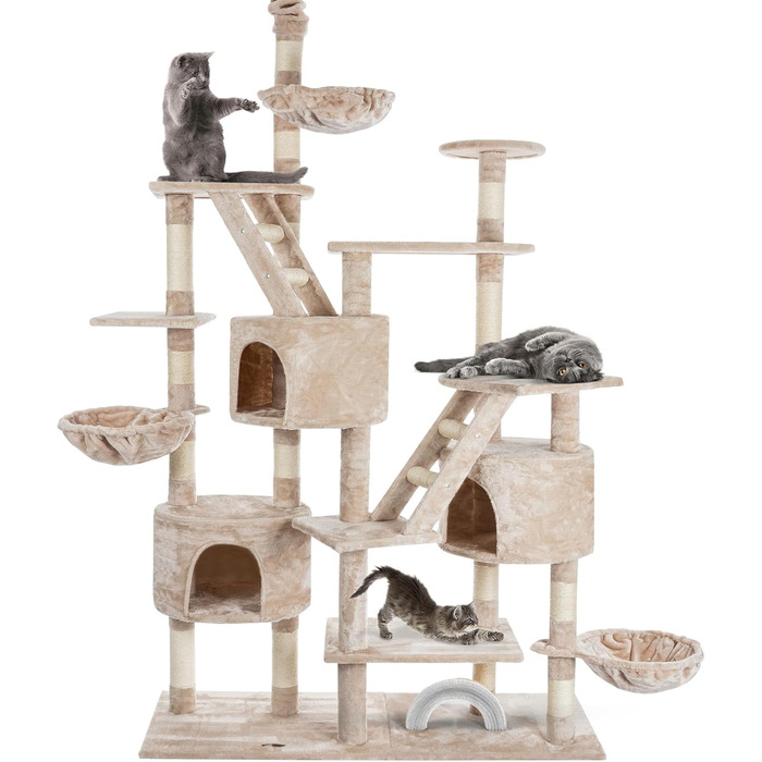 Високий килимок-дерево для котів HAPPYPET SAM 260 см, XXL, бежевий, для кількох котів, стійкі стовпи 8 см, лежанки, будиночки, аксесуари