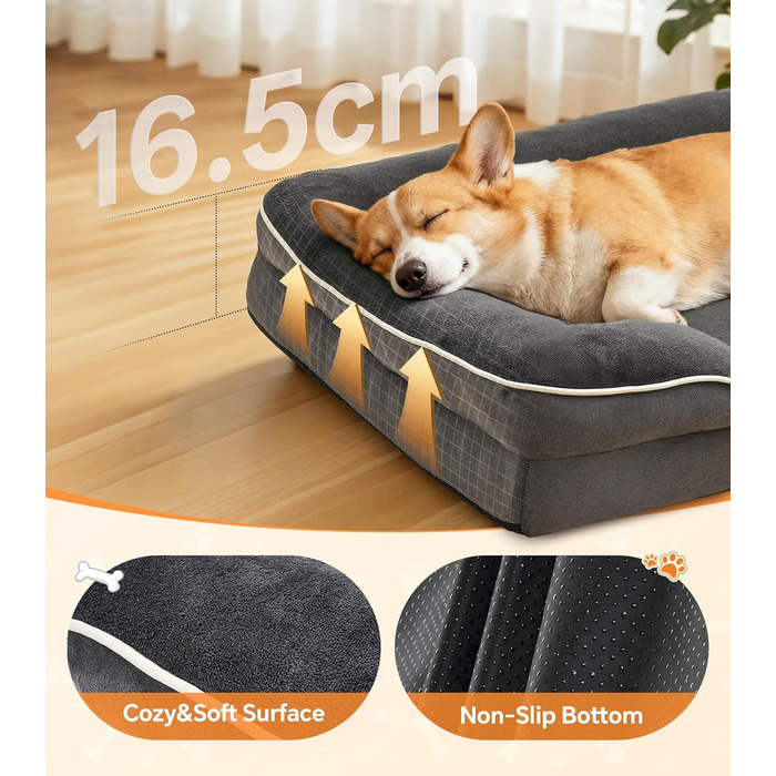 Ортопедичне ліжко для собак великого розміру, м'яке плюшеве, з антиковзною основою, для собак та котів, сіре, 89x63x16 см, знімний чохол