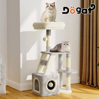Клітка-когтеточка для котів Dogat 107 см, багатоярусна з когтеточкою, лежаком, будиночком та ігровим м'ячиком (сіра/бежева)