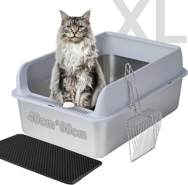 Набір для котів Edelstahl XXL: лоток для котів з нержавіючої сталі, великий (30л), з міцною лопаткою. Розмір 60x40x25 см. Безпечний від протікання.