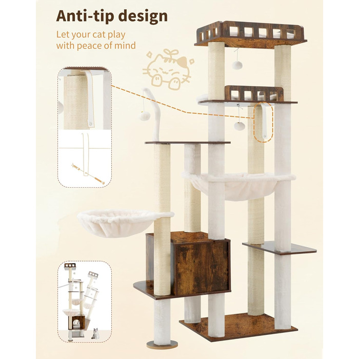 Дерев'яний котячий комплекс Heybly Kratzbaum HCT121WB (Vintage-Braun), 179 см, з будиночком, гамаком та сизалевими стовпчиками