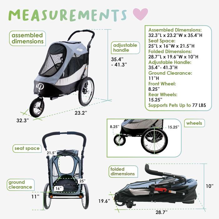 Візок для собак Petique Trailblazer Jogger Space Gray з насосом, дощовиком, адаптером для велосипеда та прапорцем безпеки | повітряні колеса | складний | оглядове вікно | для великих собак та котів сірого кольору