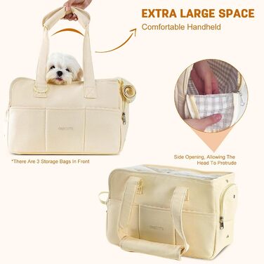 PETCUTE Сумка-переноска для собак та котів, середнього розміру, з кишенями, знімний килимок, для подорожей та авіаперельотів, бежева