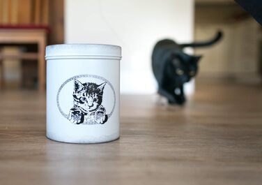 Скляна банка для котячих ласощів в антик-білому стилі, герметична кришка, об'єм до 0,9 кг, міцний контейнер для корму з декором кота
