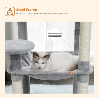 Комплекс для котів PAWZ Road з металевим гамаком, будиночком та 6-ярусними полицями, сірий, 143 см