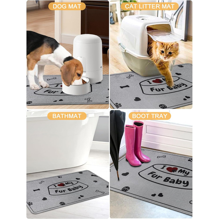 Килимок під миску для собак та котів, сірий, 30x50 см, з принтом 'I love my fur Baby'