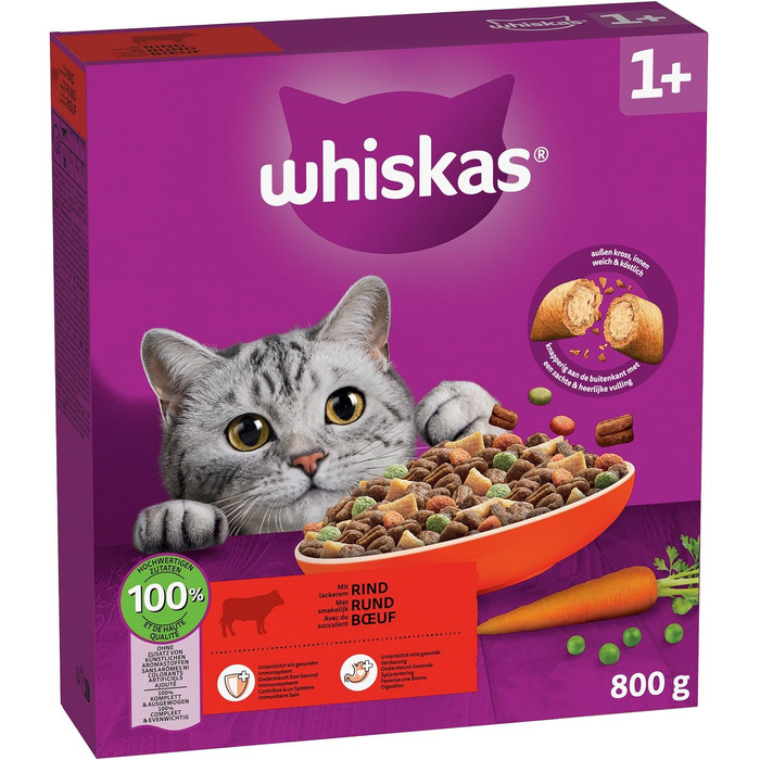 Сухий корм для дорослих котів Whiskas з яловичиною, набір 5 x 800 г