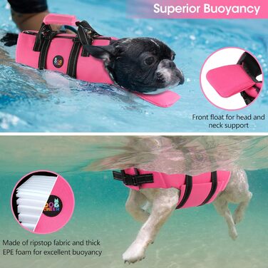 Жилет для плавання собак Dogcheer з блискавкою та рятувальним ручками, Ripstop-жилет для цуценят з плавучою шиєю для плавання, регульований жилет для плавання для маленьких, середніх та великих собак, рожевий