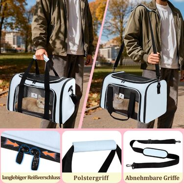 Транспортна сумка для котів та маленьких собак – складана, добре провітрювана переноска. Сумка для тварин з водонепроникною підкладкою для безпечного транспортування до ветеринара, у подорожах та в авто (Блакитна)