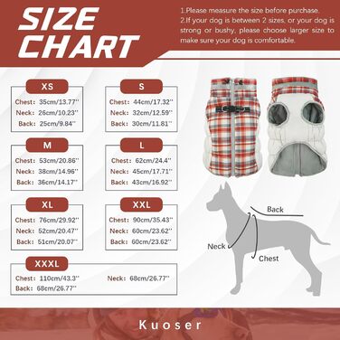 Зимовий теплий куртка для собак Kuoser, водонепроникний та вітрозахисний, з підкладкою з флісу, світловідбивачі, блискавка, комір з хутром, D-кільце, для малих собак, XS, червоний в клітинку