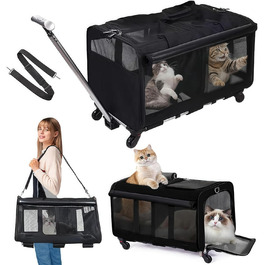 Рол-сумка для тварин з двома відділеннями, велика сумка-переноска для котів на колесах, чорна переноска для тварин до 15,9 кг, з супер вентиляцією та знімними колесами для 2 тварин