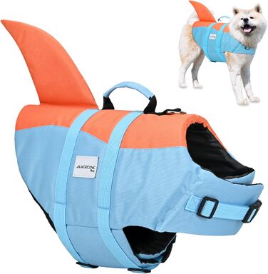 Obiclinic® Sharky: рятувальний жилет для собак з регульованою шлейкою, високою плавучістю та дизайном у стилі акули (блакитний та помаранчевий)
