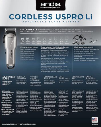 Andis Професійний волоссяний тример з літієвим акумулятором - бездротовий/провідний, регульована клинка, 2 години роботи, для будь-якого віку, срібний