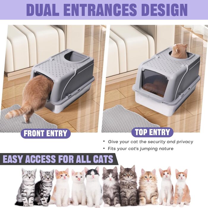 Лоток для котів Julymoda XXL 100L з совком, килимком і кришкою, нержавіюча сталь, з високим бортом, 2 входи, 62x42x40,5 см, сріблястий