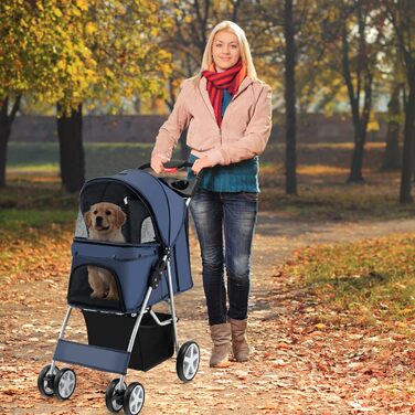Собачий візок SOARS для собак та котів до 15 кг, складний, з сіткою, тримачем для напоїв та кошиком для зберігання, блакитний