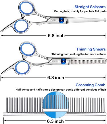 Набір професійних ножиць для грумінгу собак Elfirly: нержавіюча сталь, заокруглені кінчики, витончене лезо, ножиці для розрідження, ножиці для вигину, набір для стрижки шерсті тварин з тримером для нігтів для собак і котів, блакитний