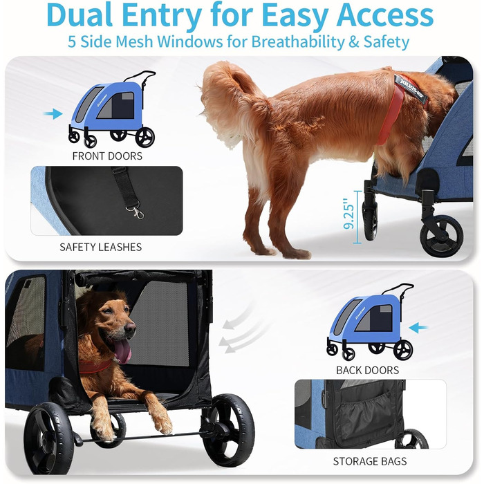 Візок для собак EchoSmile, середній та великий розмір, до 70 кг, складаний, з сітковими вікнами, регульована ручка, 4 проходимі колеса (блакитний)