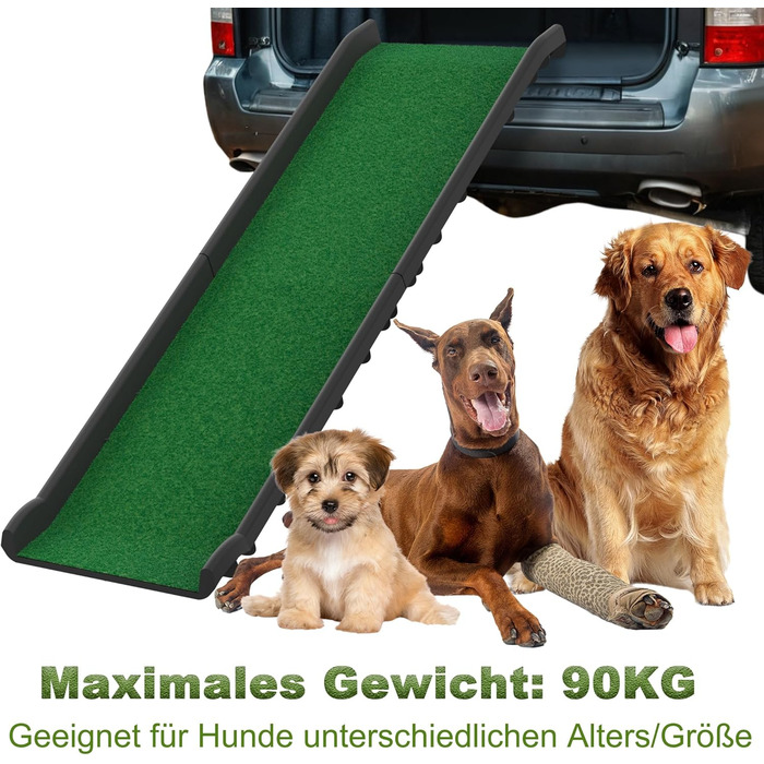 Рампа для собак з штучним газоном, складана, для автомобіля, 156 x 40 см, до 90 кг, зелена