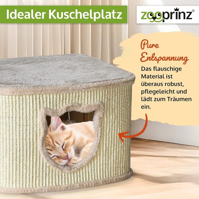 Преміум будиночок для котів Zooprinz – котячий кошик з товстими сизалевими стінами, печерка з м'яким плюшем та іграшкою, котячий будиночок у скандинавському стилі (Бежевий)