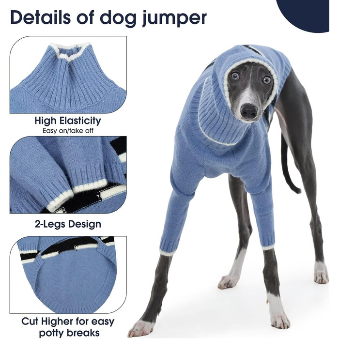 Пуловер IECOii для собак з навушниками, теплий зимовий костюм для грейхаундів, курчаків, віппетів, блакитний, розмір M