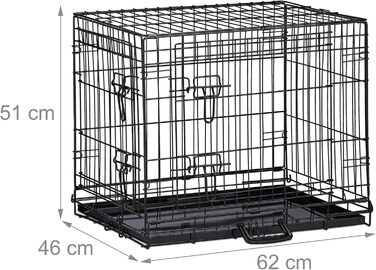 Клітка для собак Relaxdays, для дому та авто, HBT: 87 x 122 x 80 см, складана, з піддоном, 2 двері, ручка, сталь, чорна (розміри внутрішні: 46 x 62 x 51 см)