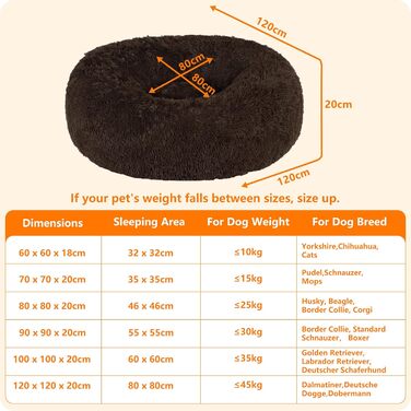 Ортопедичне ліжко для собак круглої форми, м'яке гніздо для собак та котів, зручне ліжко-лежанка, 70 см Ø, (120 x 120 x 20 см, Коричневе)
