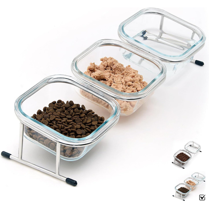 Підвищені миски для котів, 15° нахил, скляні миски для корму, нержавіюча сталь, антиковзні ніжки, 3 миски, для котів та маленьких собак