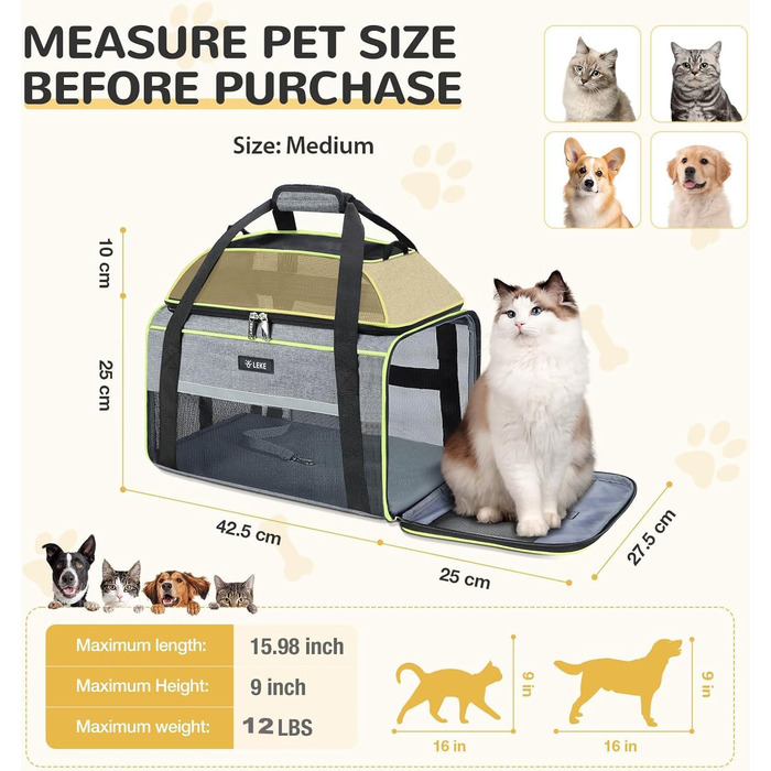 Трансформер для домашніх тварин Lekereise: переноска для котів та собак до 5,4 кг, TSA-сертифікована, сірого кольору