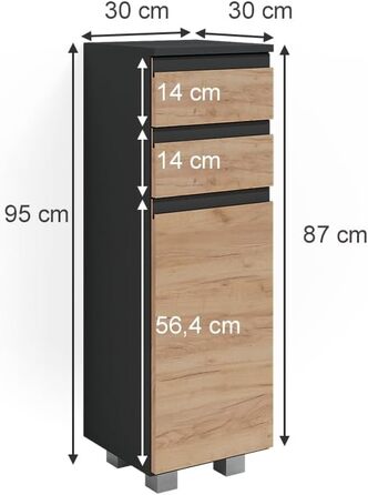 Шафа для ванної Vicco J-Shape, антрацит/дуб, 30x95 см