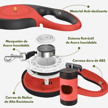 Висувна поводок для собак, 3 м, для малих, середніх та великих собак, ергономічна ручка, до 15 кг, розмір S, червоний