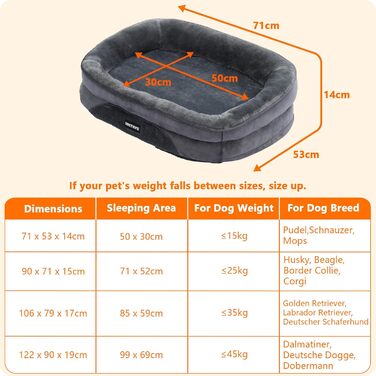 Ортопедичне ліжко для собак, собаче ліжко-софа з валиком для шиї, неслизьке дно, кошик для собак, знімний та пральний, для маленьких собак, 71 x 53 x 14 см, темно-сірий