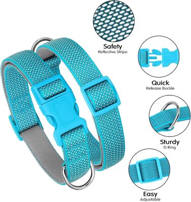 Світловідбиваючий нашийник для собак Didog з пряжкою, регульований, м'який неопрен, з підкладкою, нейлон, для малих, середніх та великих собак, L (M: обхват шиї 25-43 см, блакитний)