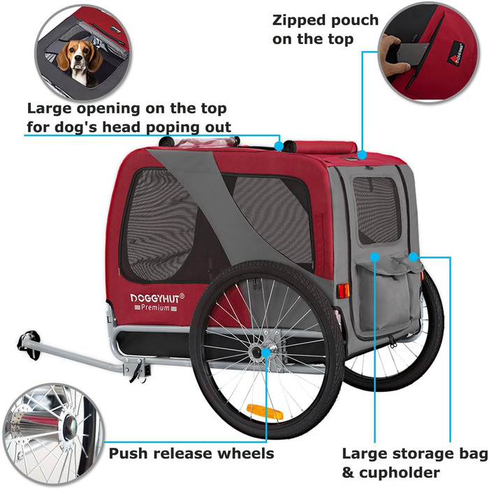 DOGGYHUT® Преміум великий велосипедний причіп для собак об'ємом 270 літрів, підходить для середніх та великих собак (ЧЕРВОНИЙ)