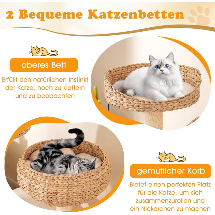 Драбина-стінка для котів GOPLUS з сизалевими стовпчиками, м'ячиком, гачком, просторою платформою, гніздом з соломи та стійкою конструкцією. Підходить для кількох котів (Бежевий)