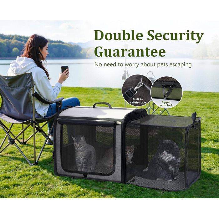 Pecute Розширювана переноска для котів та маленьких собак, транспортна сумка-переноска, розкладний бокс для котів, сіра/зелена, 61x52x45 см