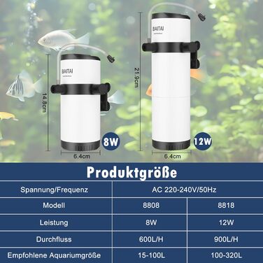 Акваріумний фільтр BAITAI: 800 л/год, для акваріумів 100-320 л, солодко- та морська вода