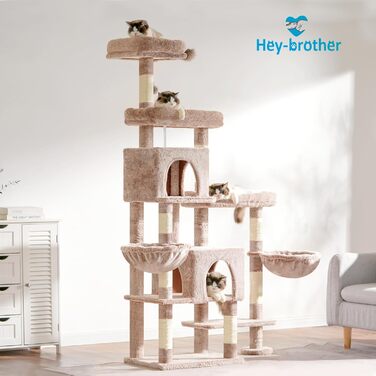Котячий будиночок Hey-brother XXL для великих котів, 180 см. Стабільний котячий комплекс з 3 платформами, 3 великими печерами та 2 котячими будиночками, бежевий, EMPJ038MU