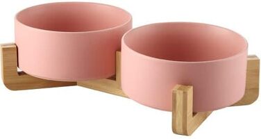 Двомісна керамічна годівниця для собак та котів з дерев'яною підставкою, рожева, 2x400 мл