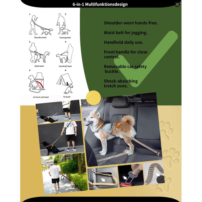 EVERKING 6-в-1 повідок для собак з живітним ременем – повідь для бігу та прогулянок, з двома ручками, антишокова пружина, кріплення для авто, альтернатива шлейці (Блакитний, Сірий, Блакитний, Хакі)