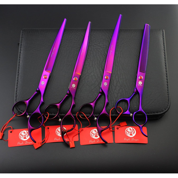 Професійна ножиця для грумінгу Purple Dragon 8.0 дюймів: пряма, розріджуюча/змішувальна та 2 вигнуті ножиці з чохлом (фіолетовий)