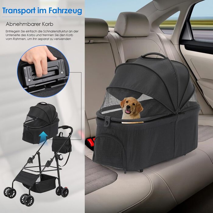 Візок для собак Mamizo 3-в-1, до 30 кг, з сумкою, для малих/середніх собак і котів, чорний, тканина Леїнен