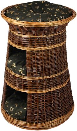 Корзина для котів для сну – котяча хатинка для дому – розмір 43 x 49 x 70 см, кругла – котяча хатинка з лози, трирівневе ліжко для собак або котів з пральним подушками в бежевому кольорі – лакована корзина (подушка темно-коричнева)