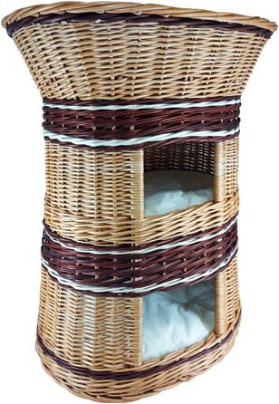 Плетене котяче ліжко з лози, 3-ярусне, з подушкою бежевого кольору