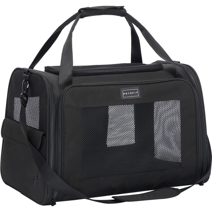 Транспортна сумка для котів та собак Petsfit - складана переноска для тварин з м'яким килимком, 47.5 x 33 x 33 см, чорна