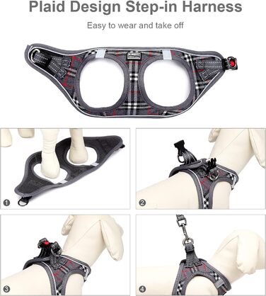 Нашийник для собак маленьких порід з повідком, анти-тягнучий, світловідбиваючий, дихаючий, нагрудник для цуценят (S, обхват грудей: 29-33см) (Сірий в клітинку, XL (обхват грудей: 46-53см, вага: 8-10.5кг))