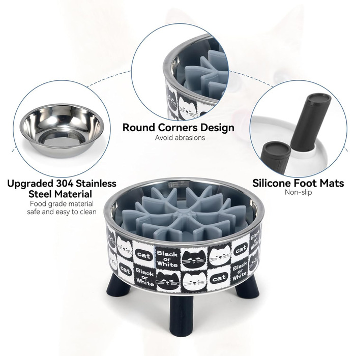 Набір мисок для котів з повільним годуванням (2 шт.), широкі, з нержавіючої сталі, пластикова підставка, силікон, повільний годівник, зручні для котів, годівниця для води та корму, станція годування для котів
